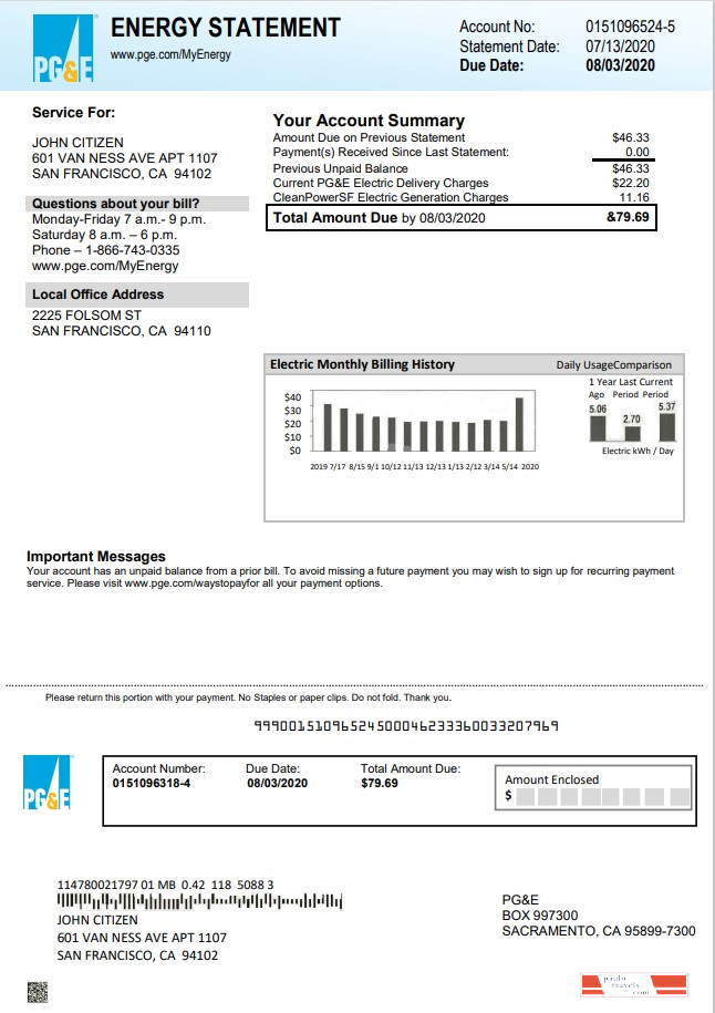 USA California PG&E electricity utility bill template in Word and PDF format